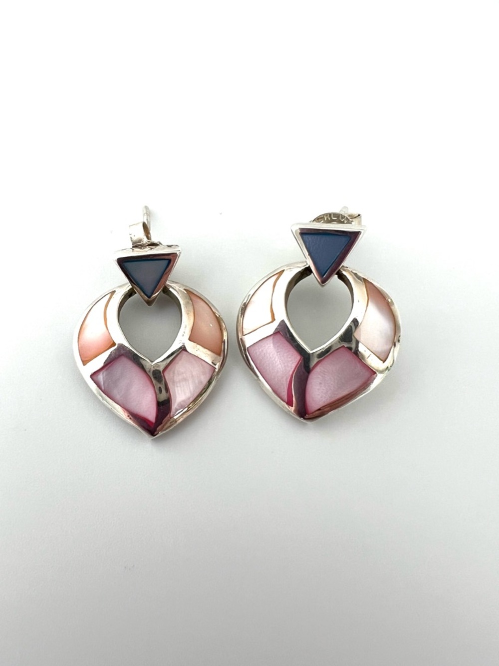 Vintage 925 Silver Mother of Pearl Inlay Dangle Earrings Pastels Blush Pink Blue